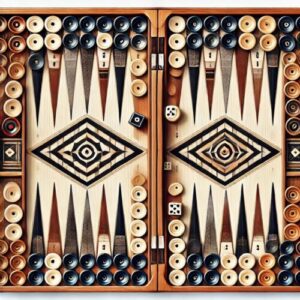 Illustration eines Backgammon-Bretts mit der korrekten Anfangsaufstellung der Steine. Das Brett zeigt 24 Punkte in abwechselnden Farben, mit schwarzen und weißen Steinen in der exakten Startposition und Würfeln in der Nähe.