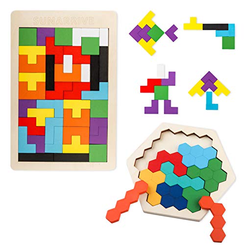 Sunarrive Hexagon Holzpuzzle für Kinder - Denkspiele - Holz Logikspiele Tangram Puzzle - Iq Spiele - Montessori Spielzeug ab 5 Jahre - Konzentrationsspiele Geschicklichkeitsspiel Legespiel