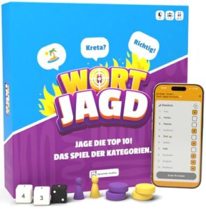 Wortjagd - Jage die Top 10, Kategorien Duell - Allgemeinwissen Quiz für Freunde & Familie, Brettspiel mit App für 2-12 Spieler, Partyspiel mit Tempo