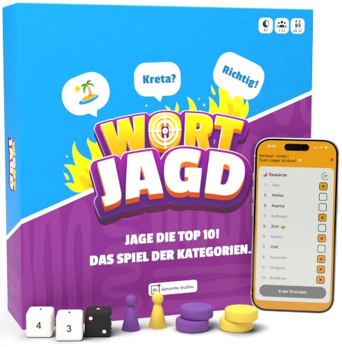 Wortjagd - Jage die Top 10, Kategorien Duell - Allgemeinwissen Quiz für Freunde & Familie, Brettspiel mit App für 2-12 Spieler, Partyspiel mit Tempo